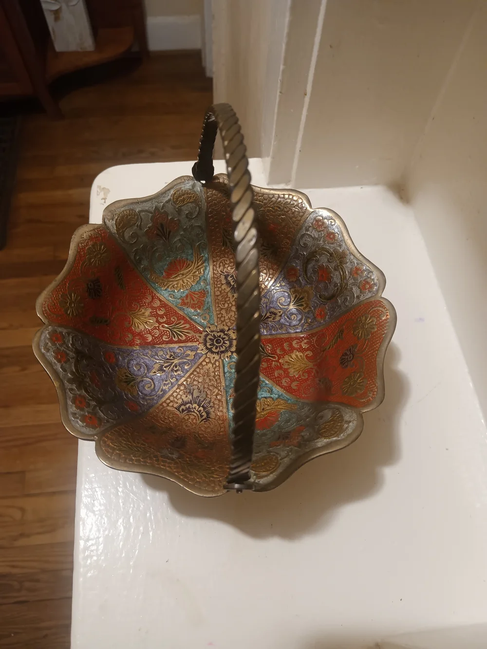 Vintage Brass Cloisonne Pedestal Basket Bowl